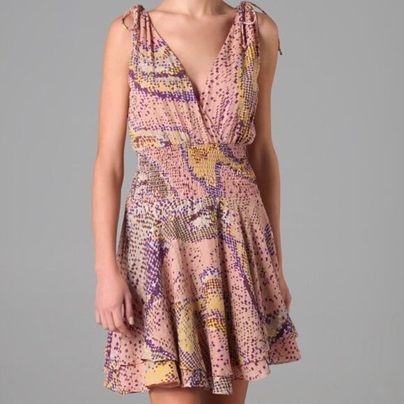 Parker Violina Silk Mini Dress Plunge Neck Geometric Pink Gold Size Small - Picture 1 of 8
